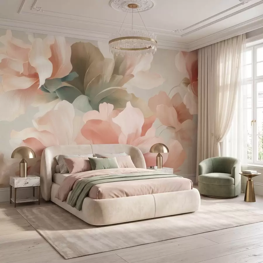 Murale De grandes fleurs stylisées dans des tons pastel délicats de crème, de rose et de vert w09935