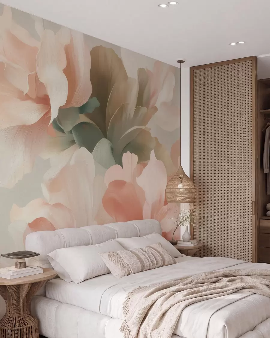fototapeter Store kunstneriske blomster i bløde pastelfarver i creme, lyserød og grøn w09935
