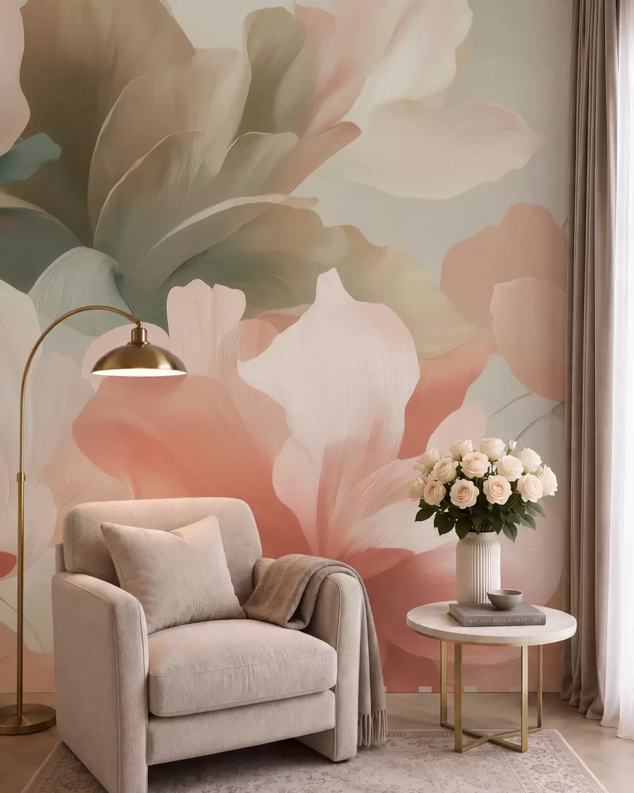fototapeter Store kunstneriske blomster i bløde pastelfarver i creme, lyserød og grøn w09935