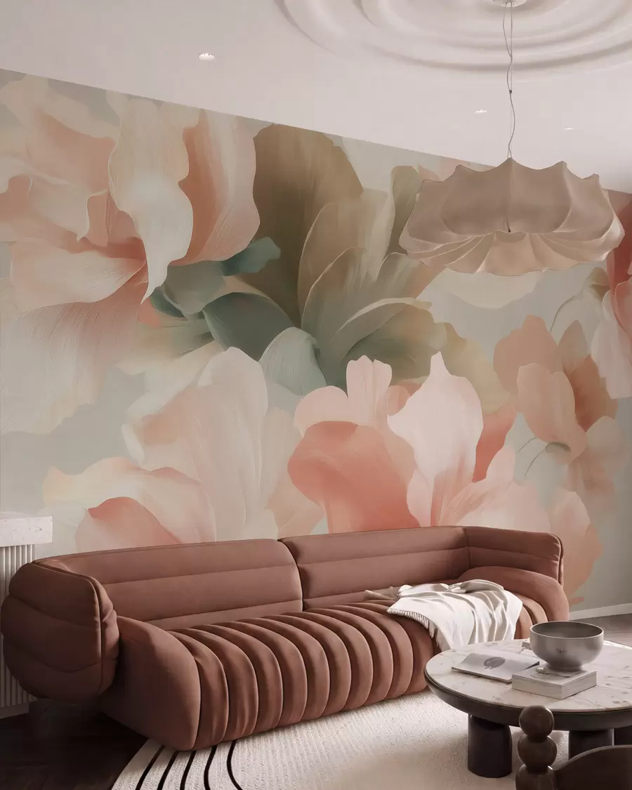 fototapeter Store kunstneriske blomster i bløde pastelfarver i creme, lyserød og grøn w09935