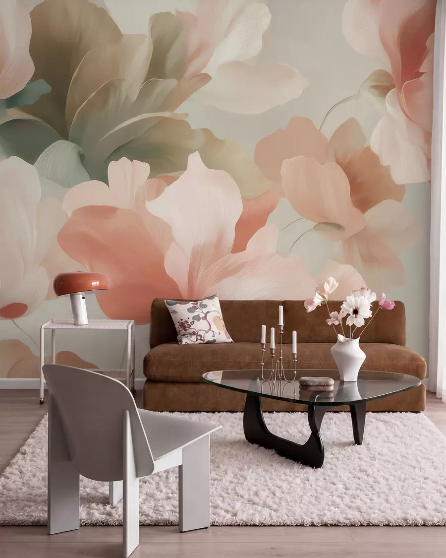 fototapeter Store kunstneriske blomster i bløde pastelfarver i creme, lyserød og grøn w09935