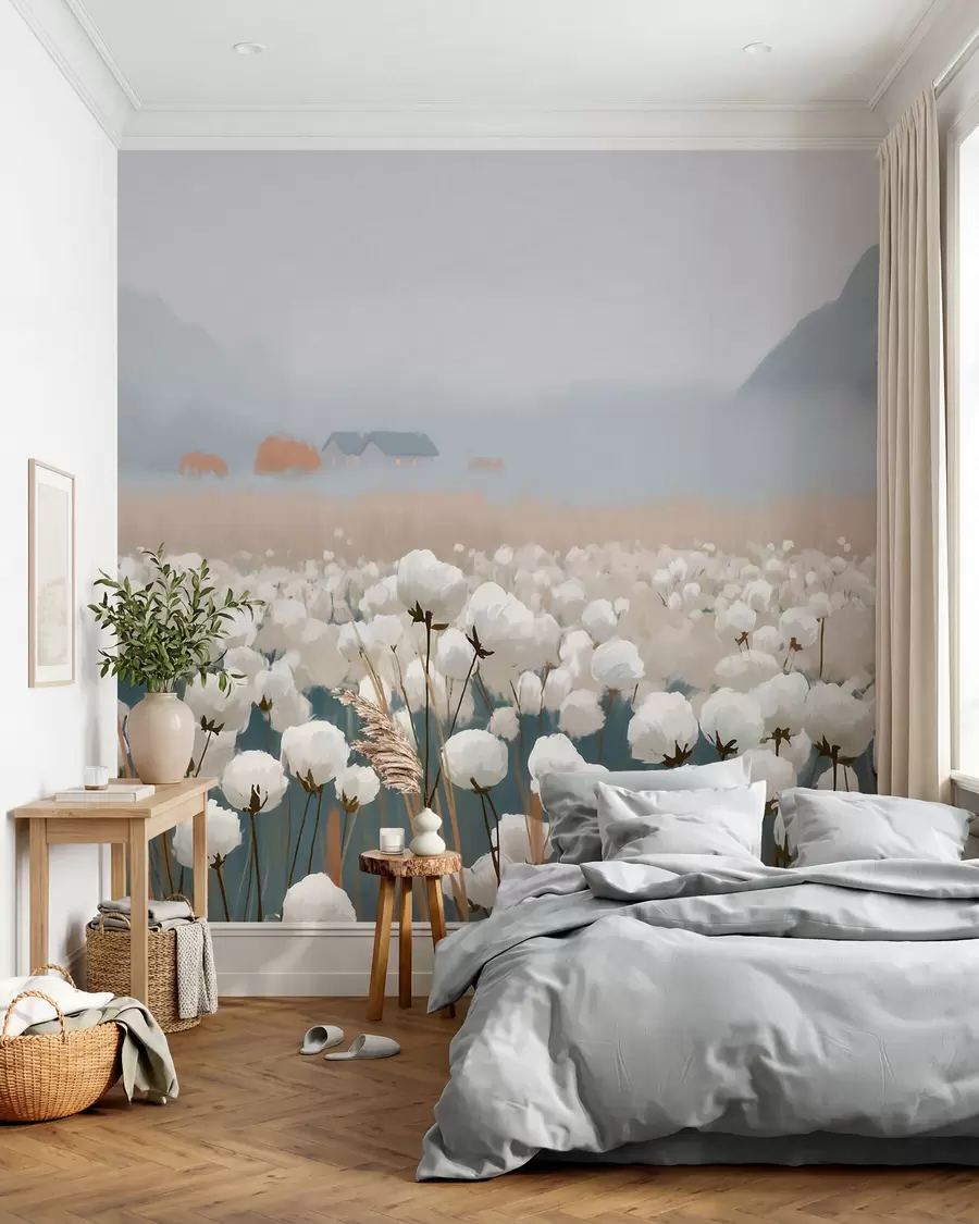 fototapeter Bomuldsmark i et tåget nordligt landskab, malerisk stil w09934
