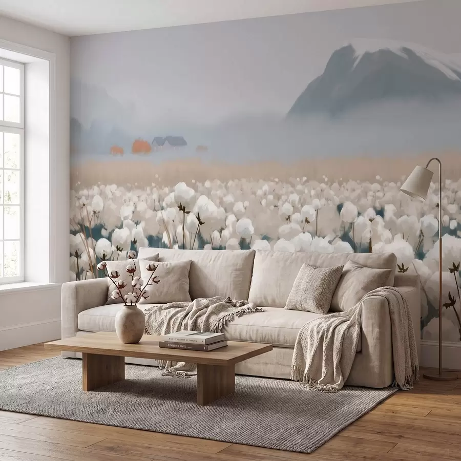 Murale Champ de coton dans un paysage brumeux du Nord, style pictural w09934