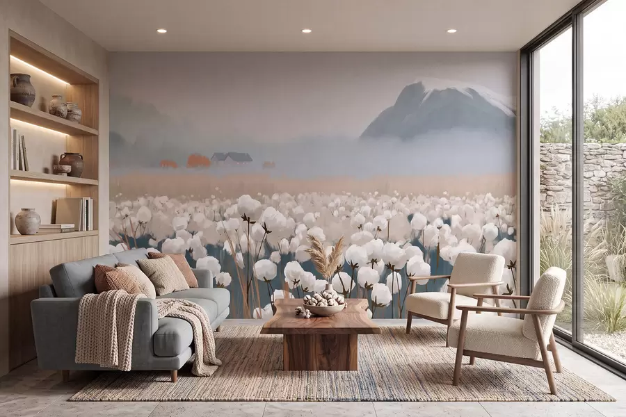 Murale Champ de coton dans un paysage brumeux du Nord, style pictural w09934