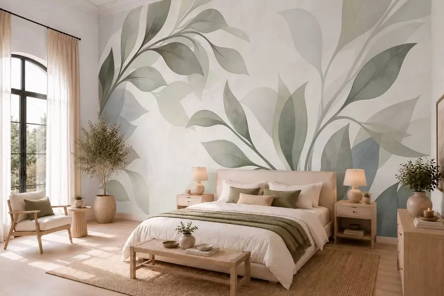 Murale De grandes feuilles aux teintes douces de vert et de bleu w05693