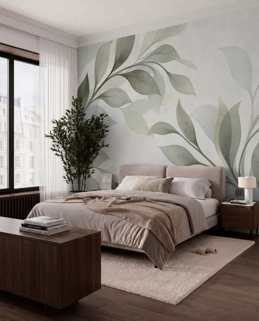 Murale De grandes feuilles aux teintes douces de vert et de bleu w05693