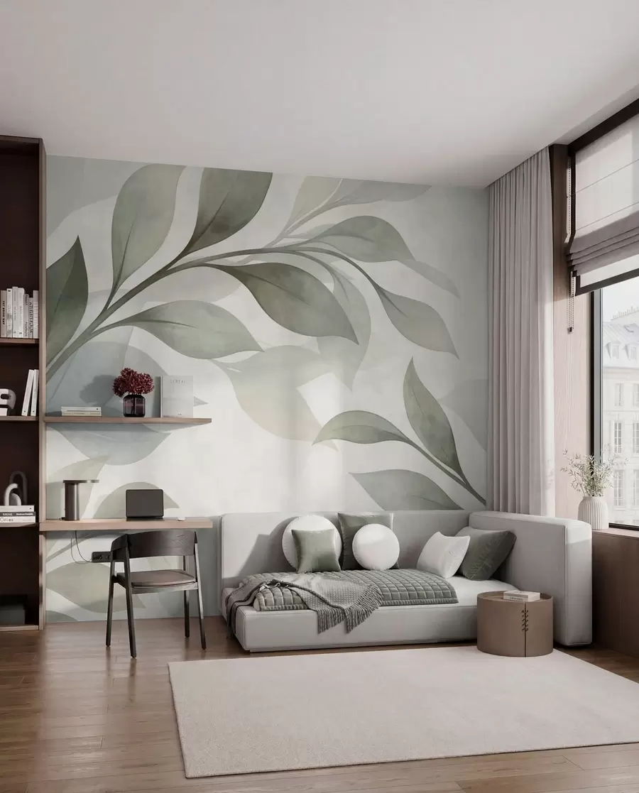 Murale De grandes feuilles aux teintes douces de vert et de bleu w05693