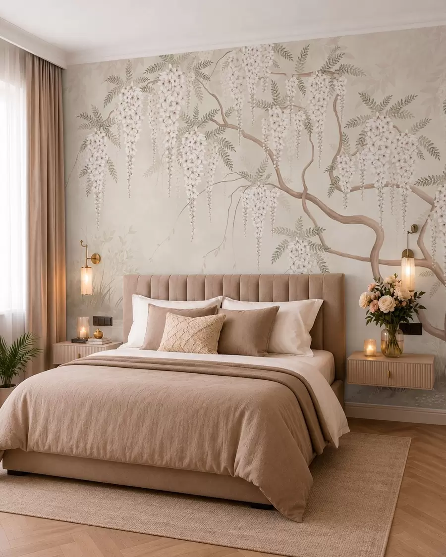 Murale Des fleurs blanches tombant en cascade au-dessus d'une eau calme w05694