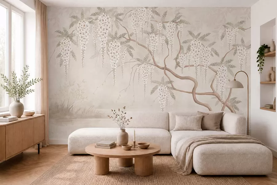 Murale Des fleurs blanches tombant en cascade au-dessus d'une eau calme w05694