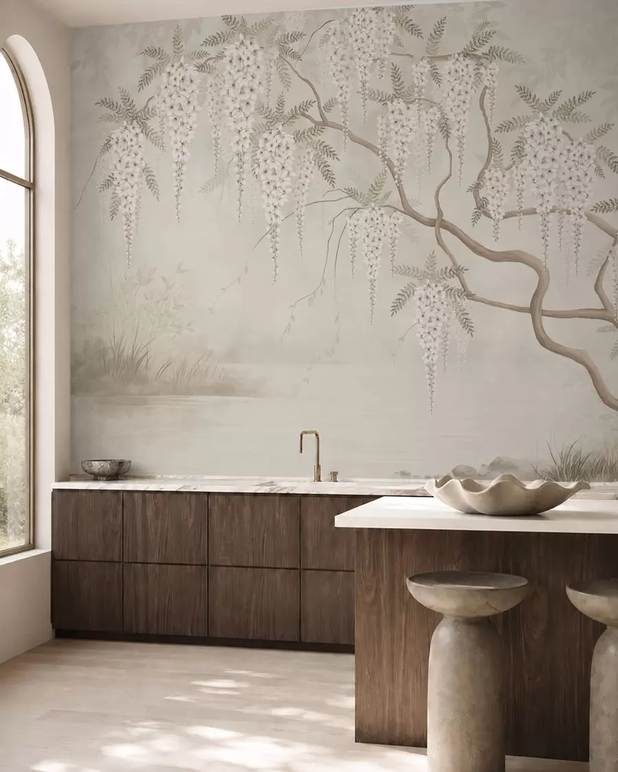 Murale Des fleurs blanches tombant en cascade au-dessus d'une eau calme w05694