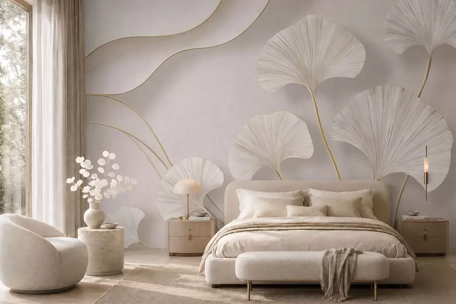 Murale Des feuilles de ginkgo aux contours fluides, à la couleur claire et au volume prononcé, sur un fond marbré w05734