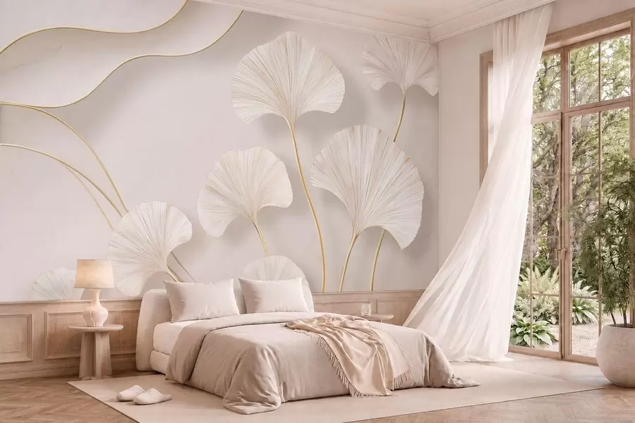 Murale Des feuilles de ginkgo aux contours fluides, à la couleur claire et au volume prononcé, sur un fond marbré w05734