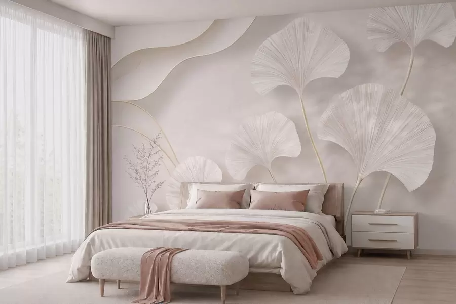 Murale Des feuilles de ginkgo aux teintes claires sur un fond de marbre aux tons doux w05734v1