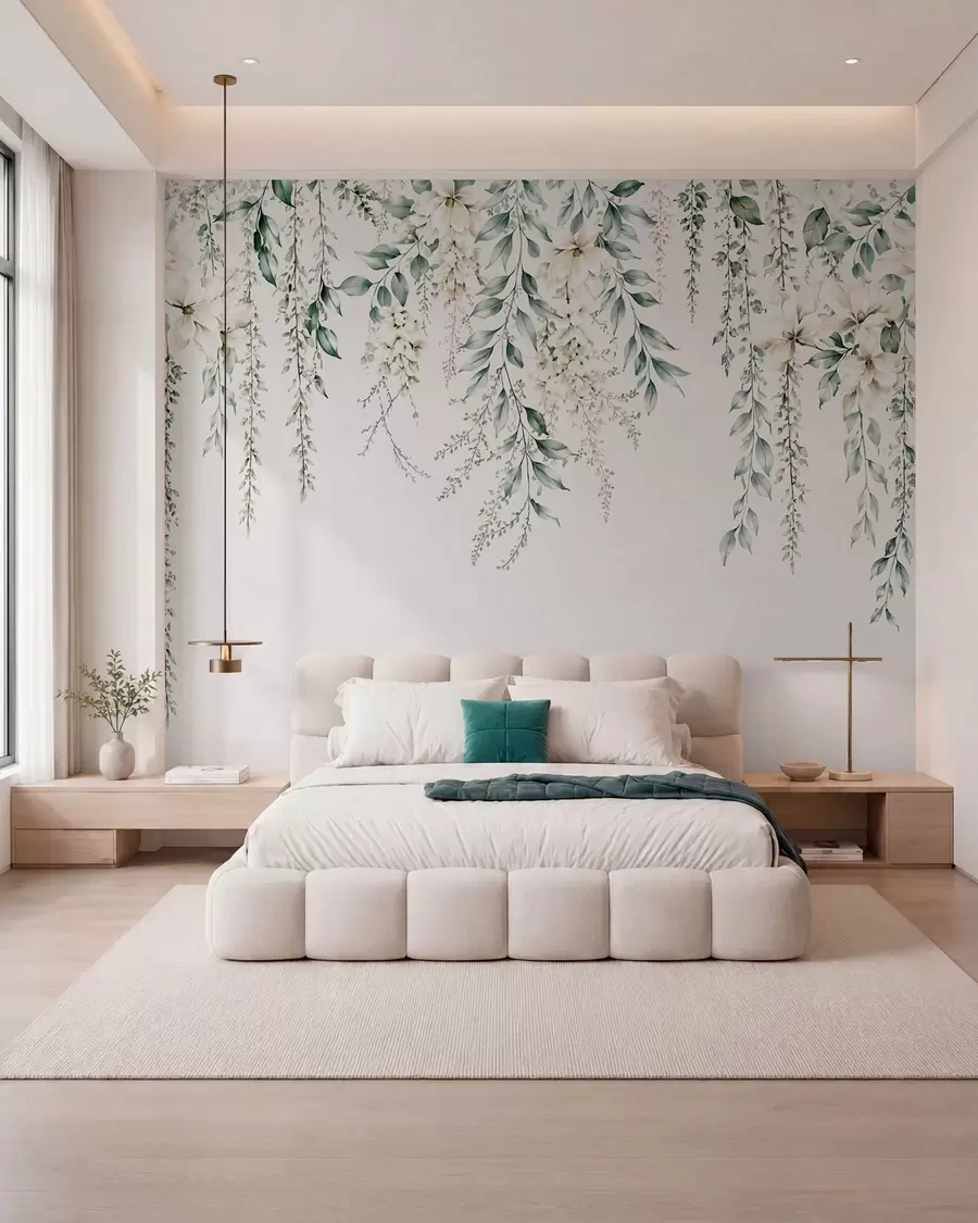 Murale Des fleurs en cascade et un feuillage vert sur un fond clair w05736