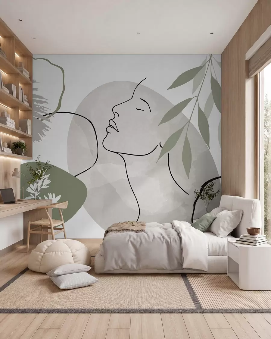 Murale Abstraction avec de la végétation et la silhouette d'un visage w05776v1