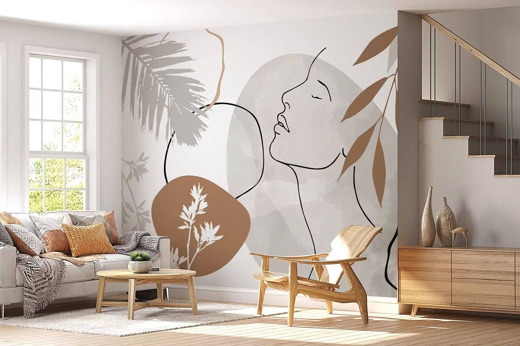 Murale Abstraction avec de la végétation et la silhouette d'un visage w05776