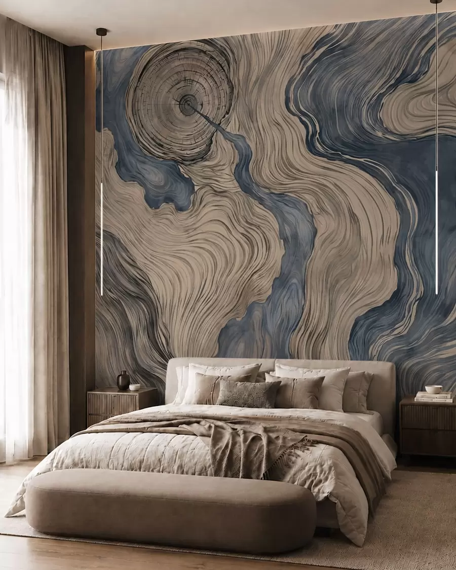 Murale Un motif abstrait présentant un dessin linéaire imitant le grain du bois, dans des nuances de bleu w05729v1