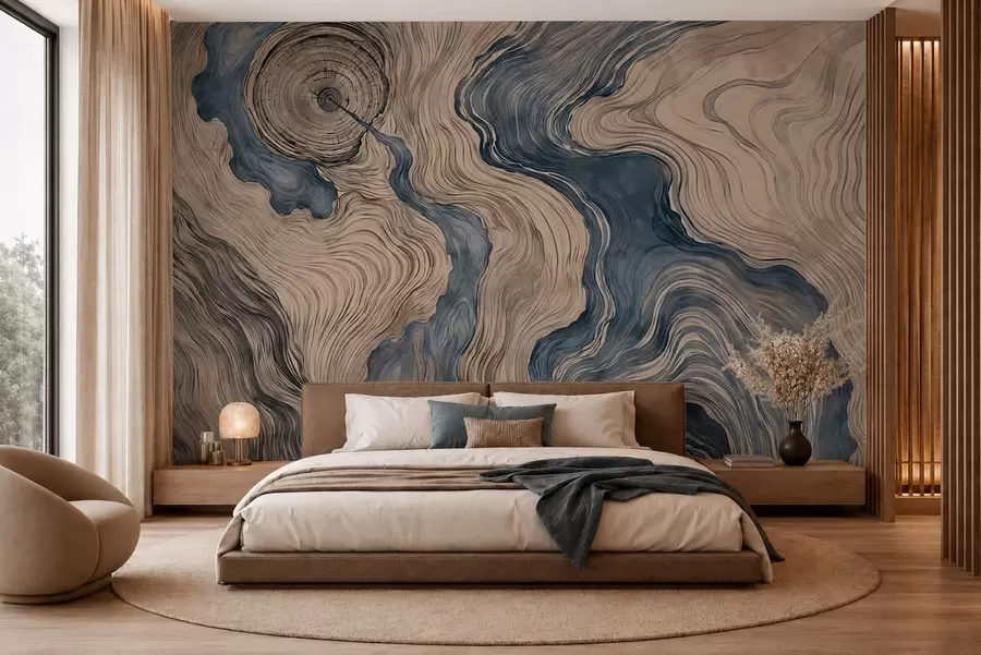 Murale Un motif abstrait présentant un dessin linéaire imitant le grain du bois, dans des nuances de bleu w05729v1