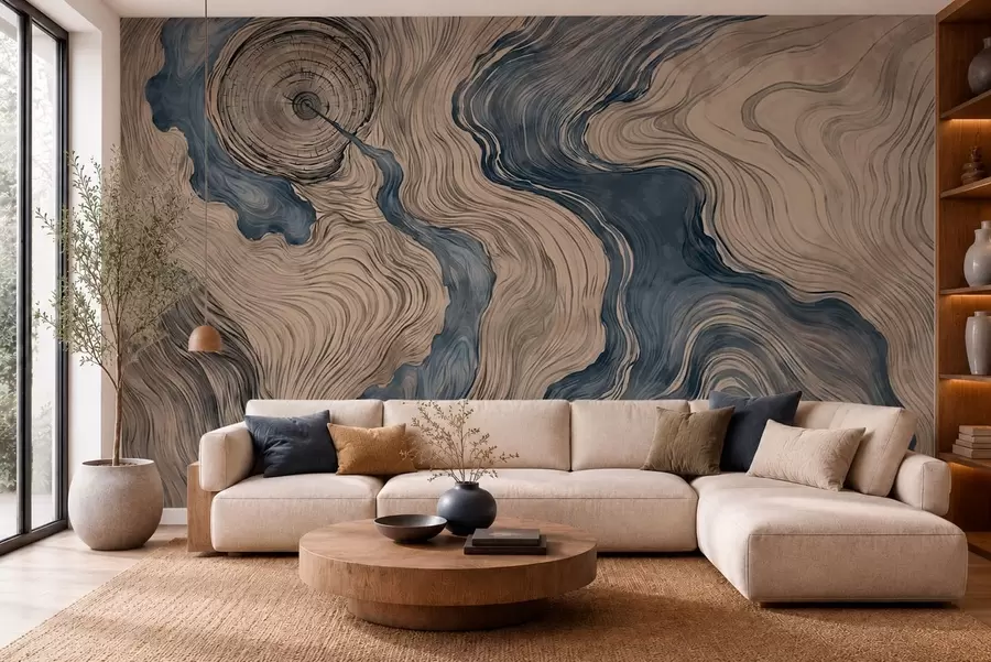 Murale Un motif abstrait présentant un dessin linéaire imitant le grain du bois, dans des nuances de bleu w05729v1