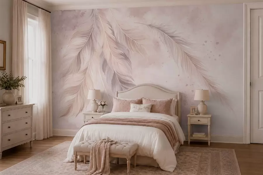 Murale Des plumes délicates sur un fond d'aquarelle aux tons pastel w05737