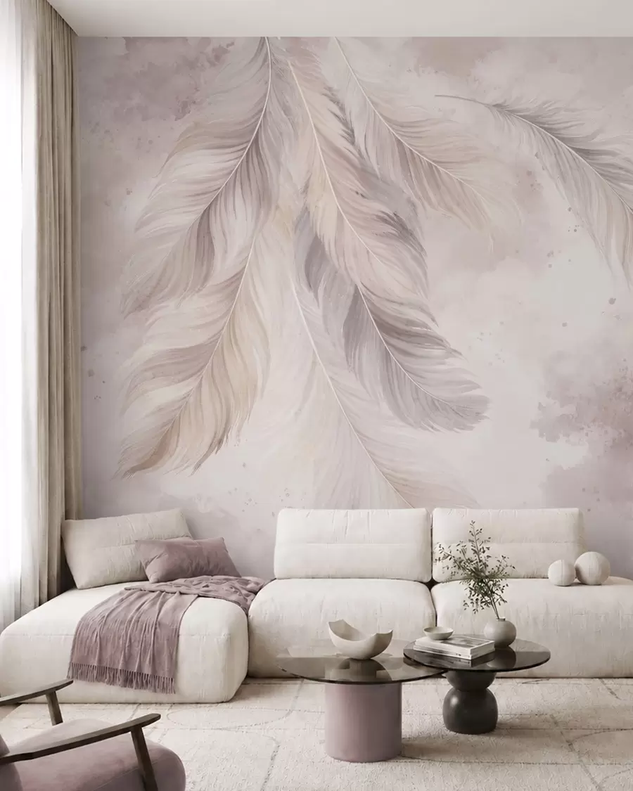 Murale Des plumes délicates sur un fond d'aquarelle aux tons pastel w05737