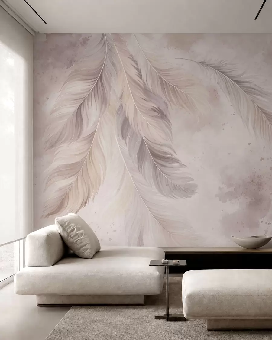 Murale Des plumes délicates sur un fond d'aquarelle aux tons pastel w05737