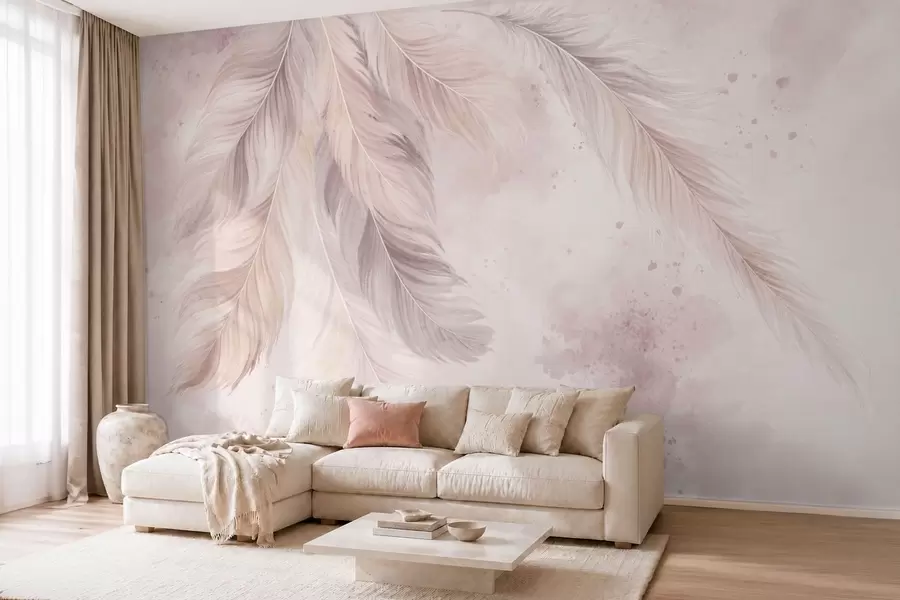Murale Des plumes délicates sur un fond d'aquarelle aux tons pastel w05737