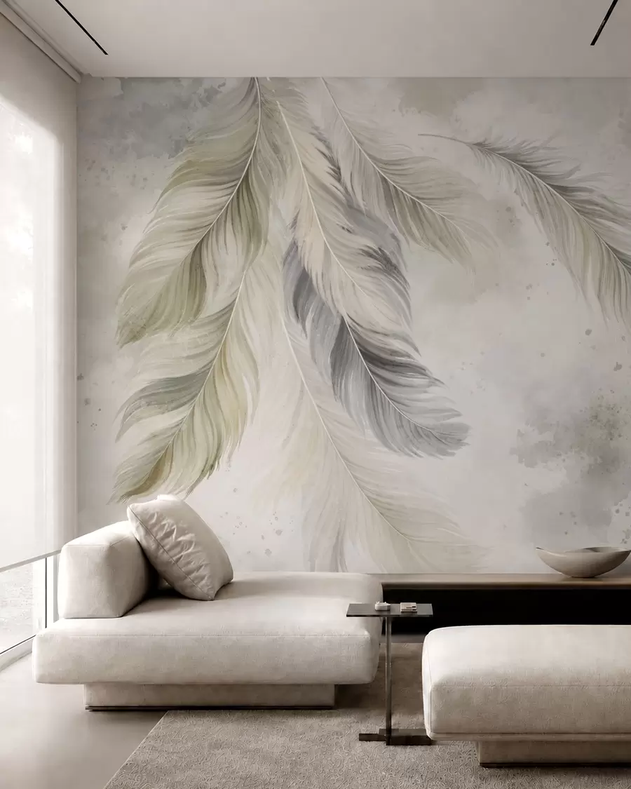 Murale Des plumes de couleur claire sur un fond aquarelle aux tons doux w05737v1