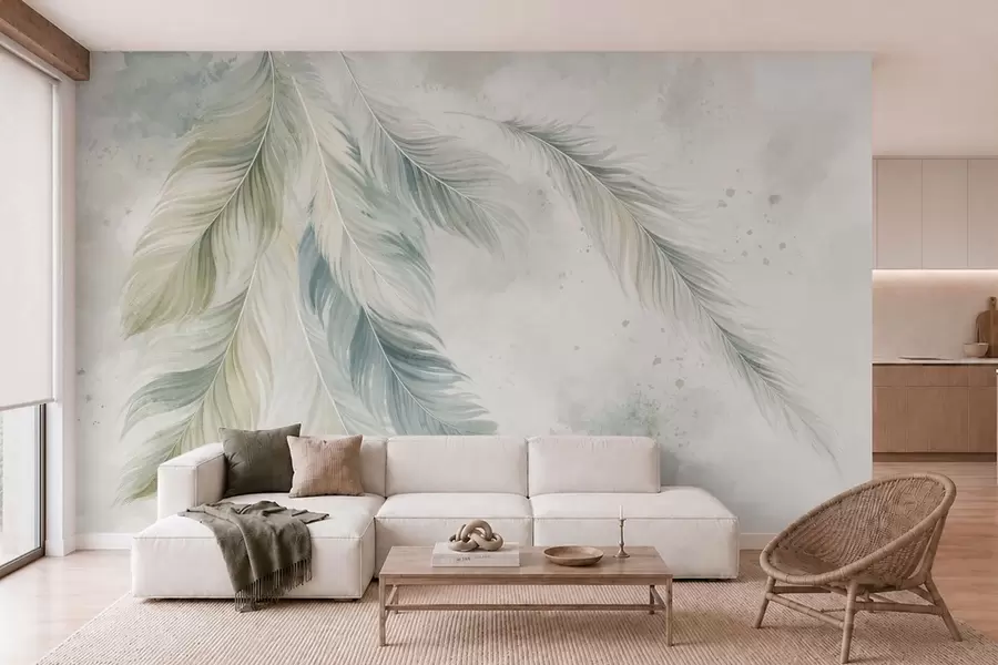 Murale Des plumes aux couleurs claires sur un fond délicat à l'aquarelle w05737v2