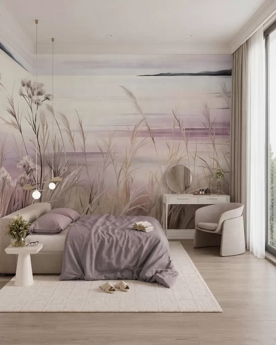 Murale Paysage composé de fleurs séchées et de hautes herbes près de la rivière, sous un ciel aux teintes douces et pastel w09939