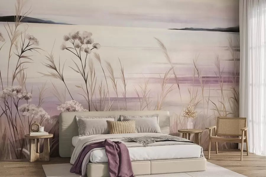 Murale Paysage composé de fleurs séchées et de hautes herbes près de la rivière, sous un ciel aux teintes douces et pastel w09939