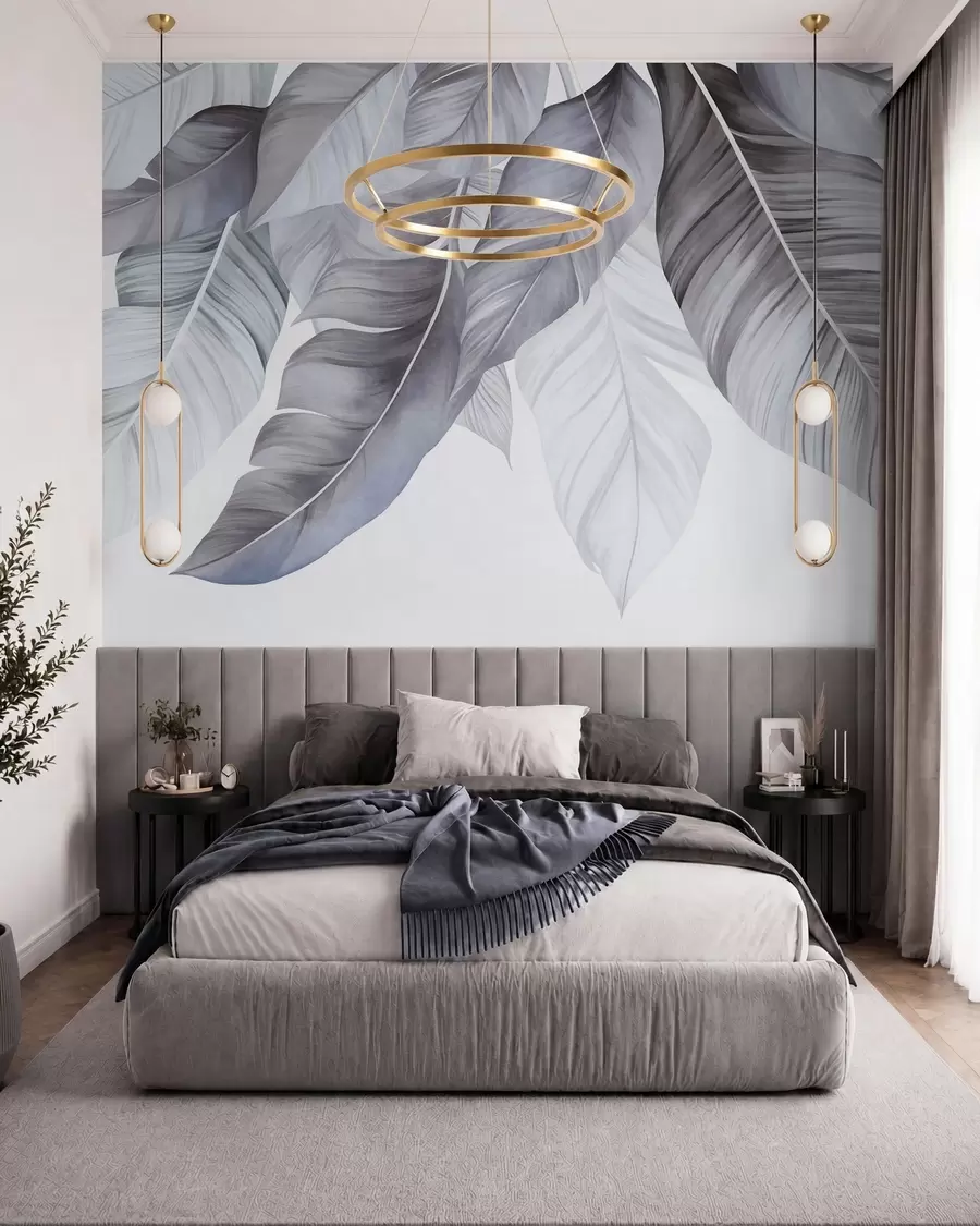 fototapeter Store, lyseblå bananblade med detaljerede årer, struktureret kunst, lys baggrund w09941v1