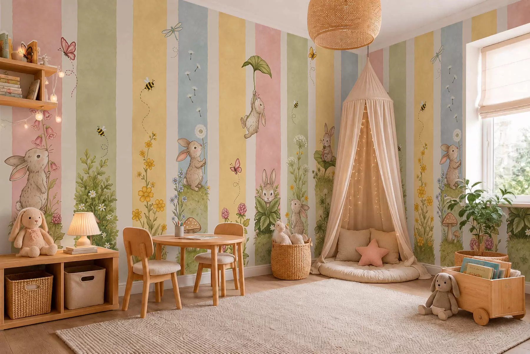 Murale Des rayures aux couleurs pastel ornées de lapins, de fleurs, de papillons et d'abeilles w05730