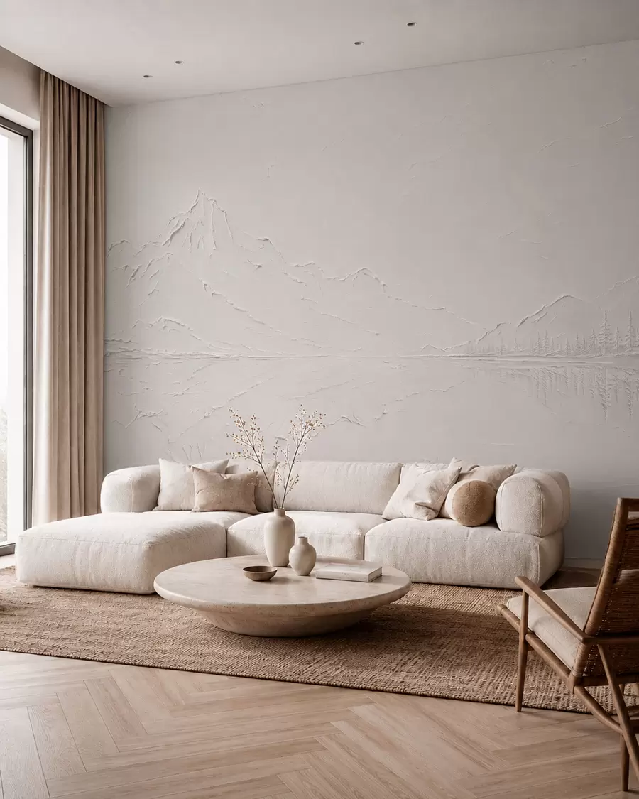 Murale Paysage de montagne en relief avec le reflet d'une eau calme w05739