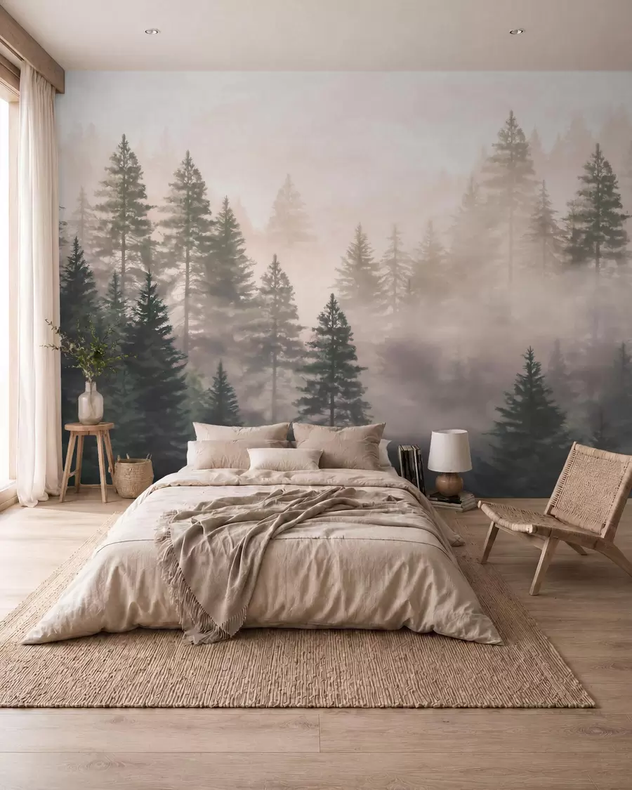 Murale Forêt de conifères brumeuse aux tons vert foncé, dans un style aquarelle w09929