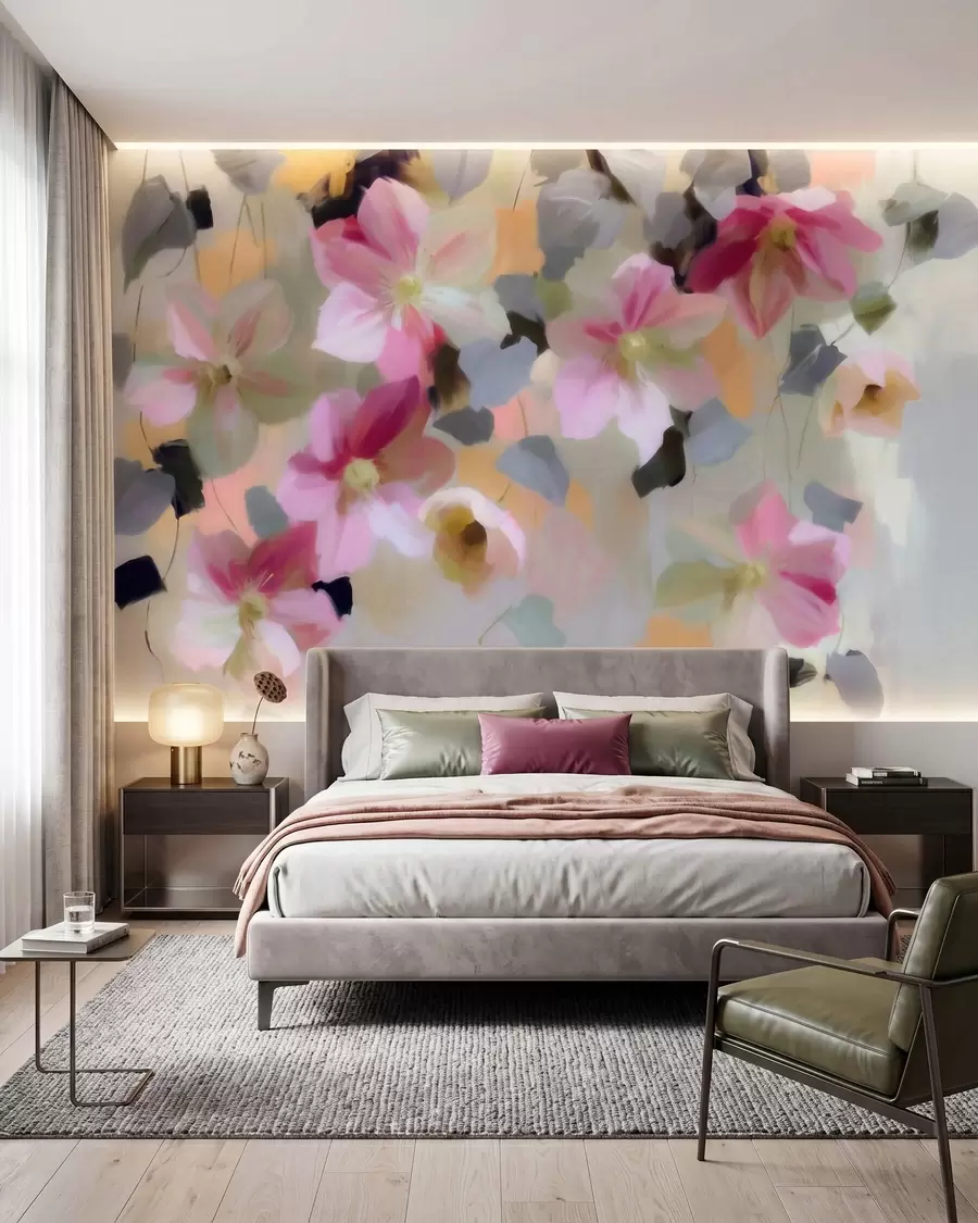 Murale Composition lumineuse et aérienne représentant des fleurs suspendues, dans un style aquarelle w09931