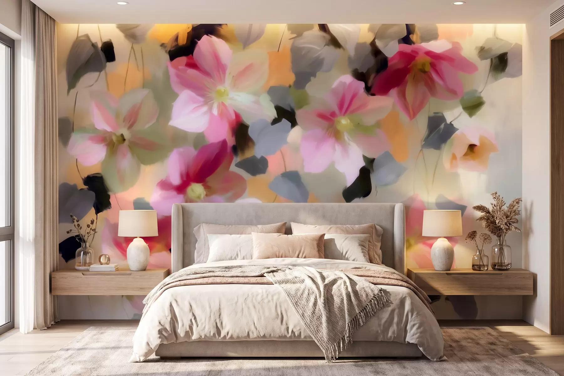 Murale Composition lumineuse et aérienne représentant des fleurs suspendues, dans un style aquarelle w09931