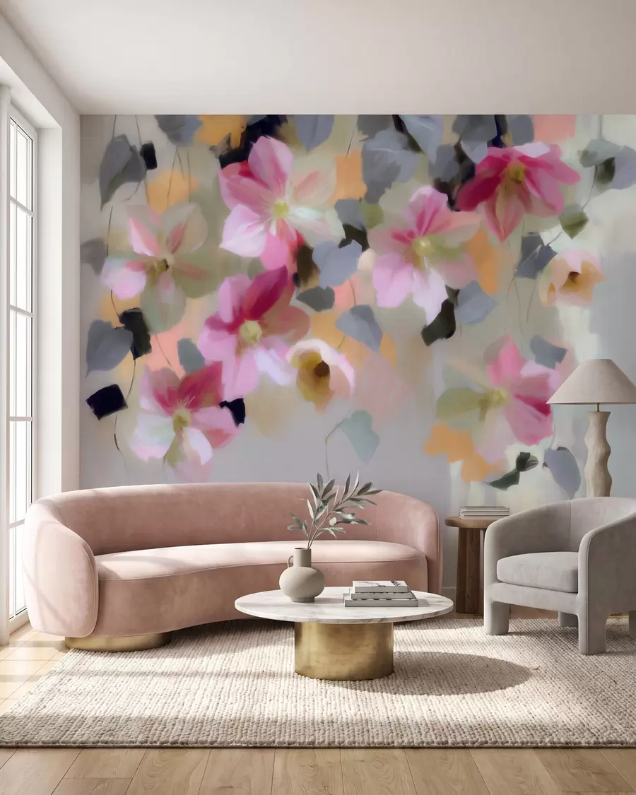 Murale Composition lumineuse et aérienne représentant des fleurs suspendues, dans un style aquarelle w09931