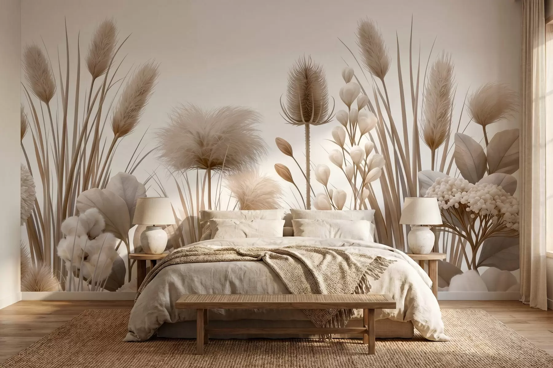 fototapeter Høje, beige tørrede blomster i neutrale beige nuancer w09932