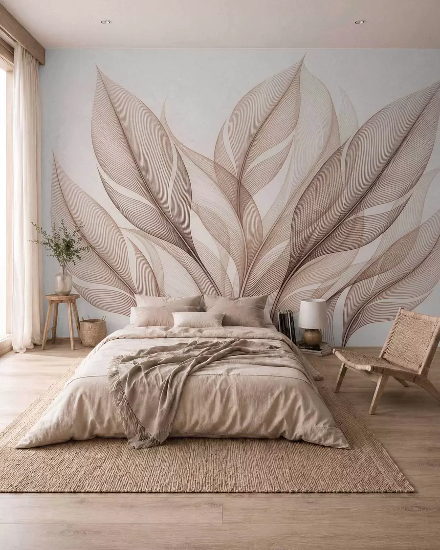 Murale Élégante composition botanique composée de grandes feuilles stylisées w09944