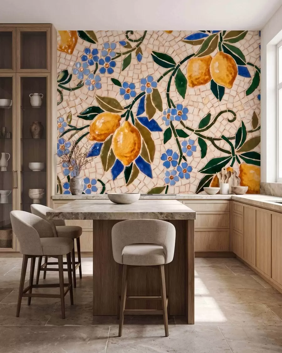 fototapeter En lys og dekorativ komposition i keramisk mosaikstil med saftige citroner, blomster, blade og grene w09948