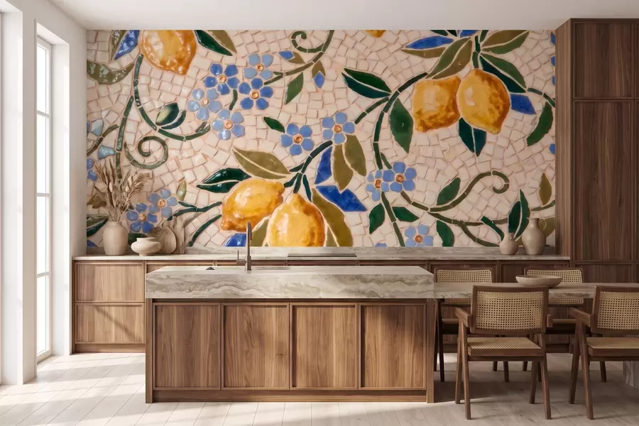 Fototapete Farbenfrohe Dekorationskomposition im Keramikmosaik-Stil mit saftigen Zitronen, Blumen, Blättern und Zweigen w09948