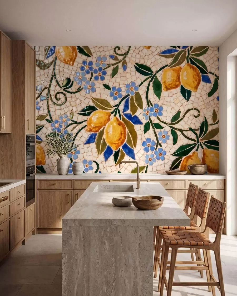 fototapeter En lys og dekorativ komposition i keramisk mosaikstil med saftige citroner, blomster, blade og grene w09948