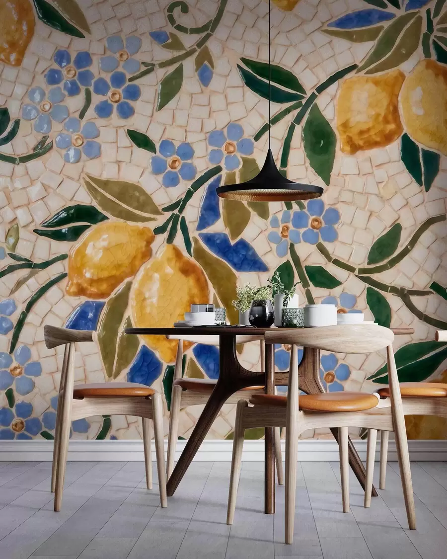 Murale Composition décorative aux couleurs vives, dans le style d'une mosaïque en céramique, représentant des citrons juteux, des fleurs, des feuilles et des branches w09948