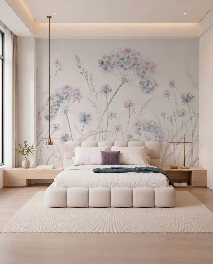 fototapeter Engblomster i bløde blå og lilla nuancer w05731
