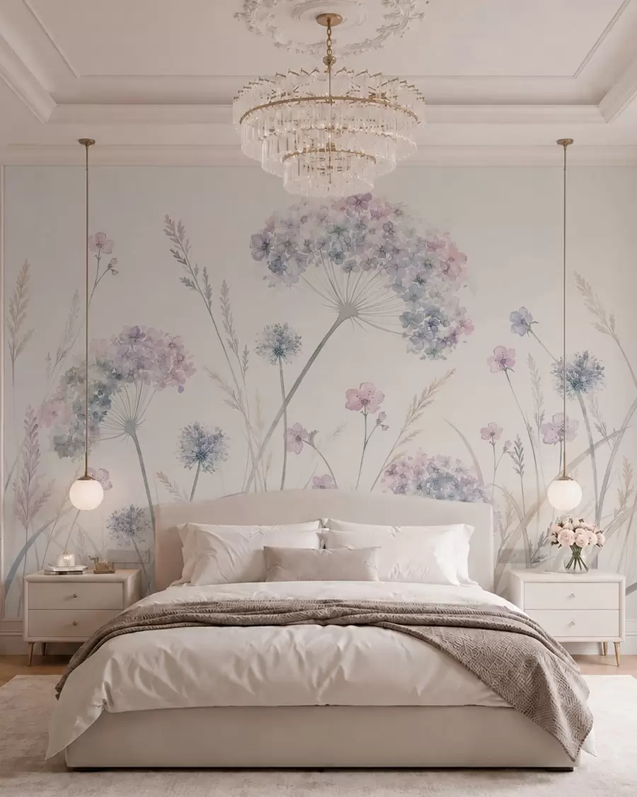 Murale Fleurs des champs dans des tons doux de bleu et de lilas w05731