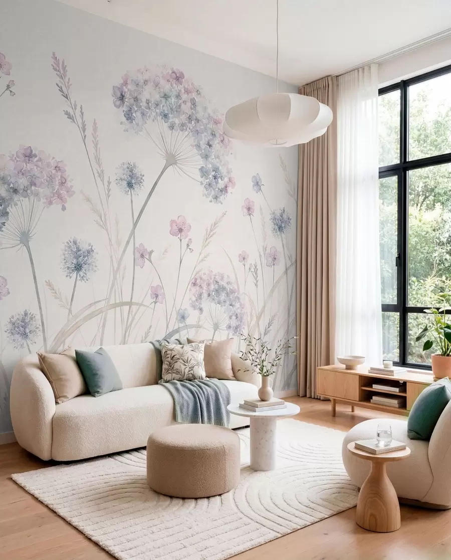 fototapeter Engblomster i bløde blå og lilla nuancer w05731