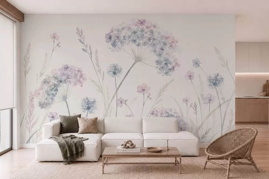 Murale Fleurs des champs dans des tons doux de bleu et de lilas w05731