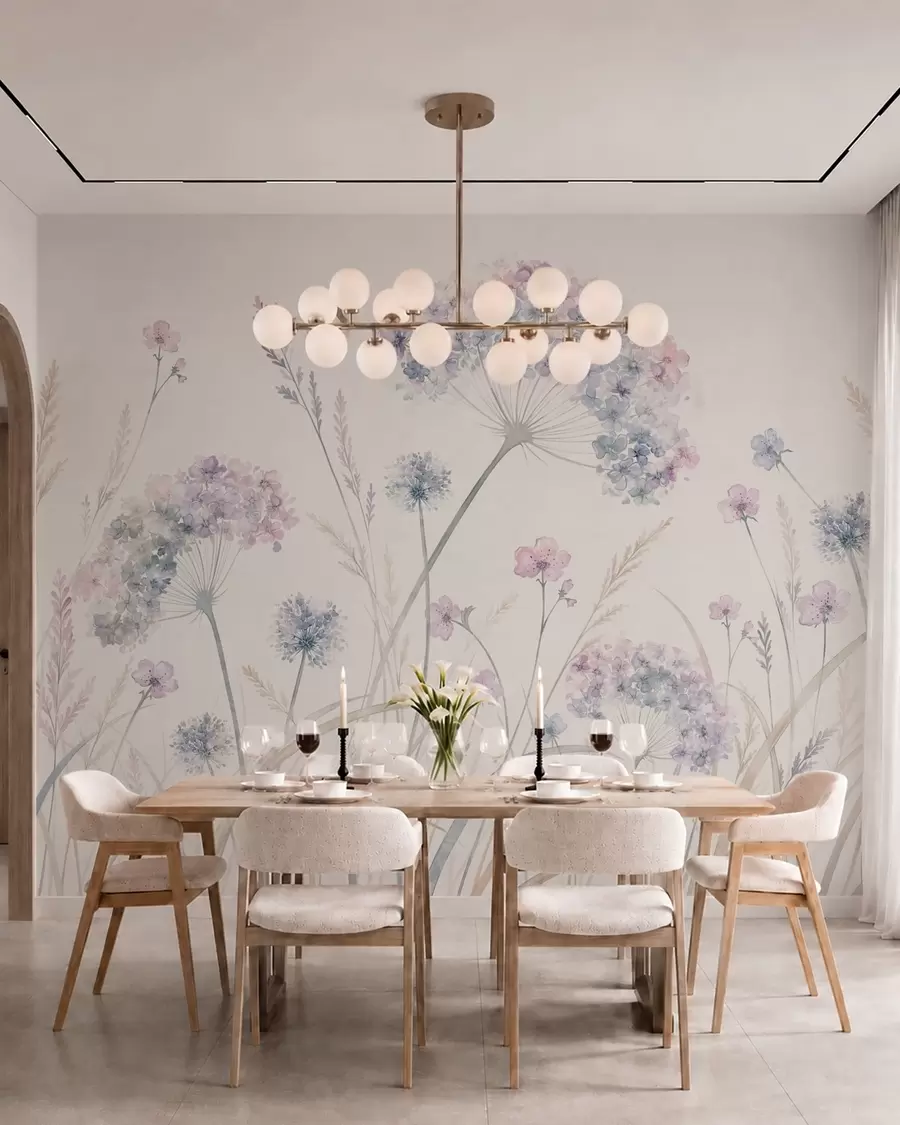 Murale Fleurs des champs dans des tons doux de bleu et de lilas w05731