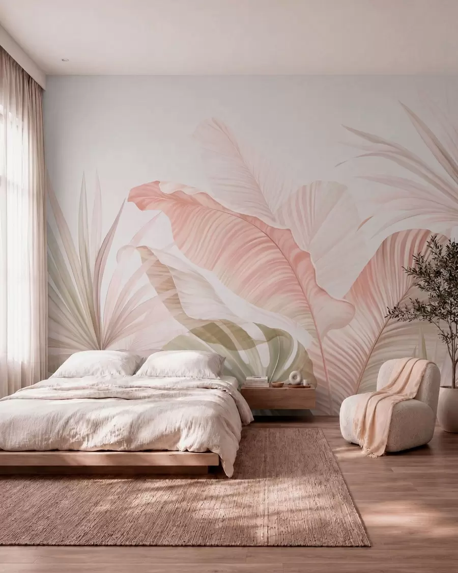 Murale Feuilles tropicales aux teintes pastel w05810